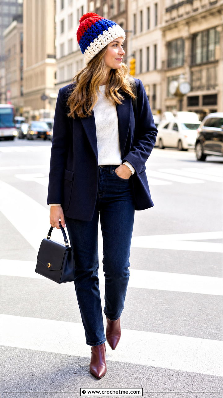 Color Block Chunky Crochet Beanie With Blazer And Straight Jeans - 35 chunky crochet hat outfit ideas