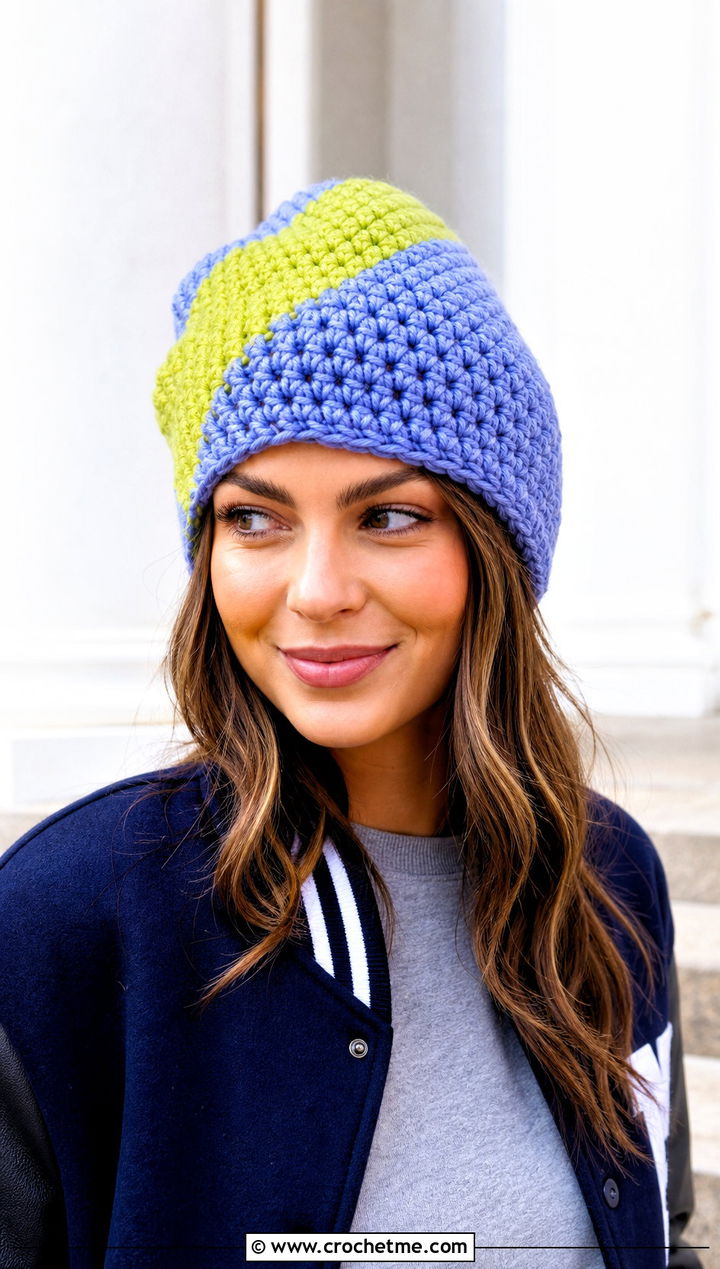 Color Block Chunky Crochet Beanie With Varsity Jacket - 15 Simple Chunky Crochet Hat outfit ideas