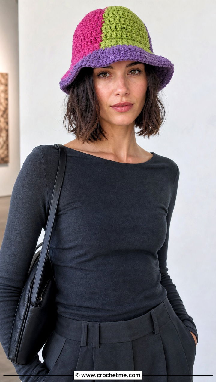 Color Block Chunky Crochet Bucket Hat With Monochrome Outfit - 25 Chunky Crochet Bucket Hat outfit ideas