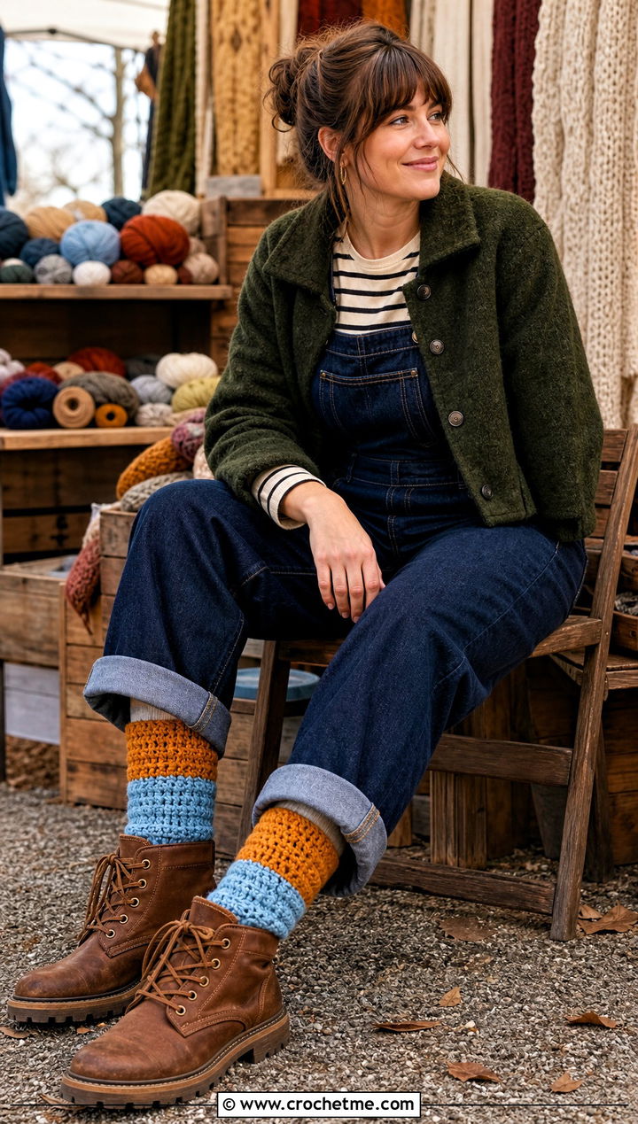 Color Block Chunky Crochet Cabin Socks With Overalls - 25 Chunky Crochet Socks outfit ideas