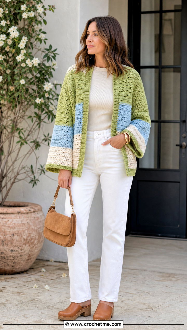 Color Block Chunky Crochet Cardigan With White Jeans - 15 Chunky Yarn Crochet Cardigan outfit ideas