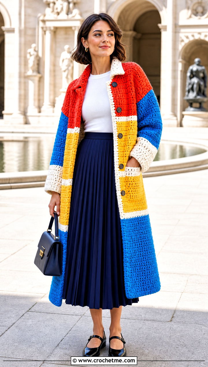 Color Block Chunky Crochet Coat With Pleated Midi Skirt - 25 Chunky Crochet Coat outfit ideas