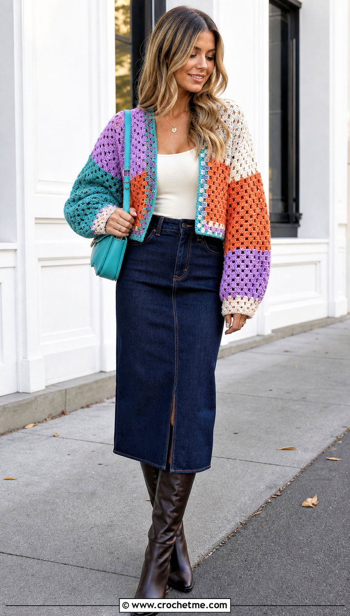 Color Block Chunky Crochet Crop Cardigan With Denim Midi Skirt - 25 Chunky Crochet Crop Cardigan outfit ideas