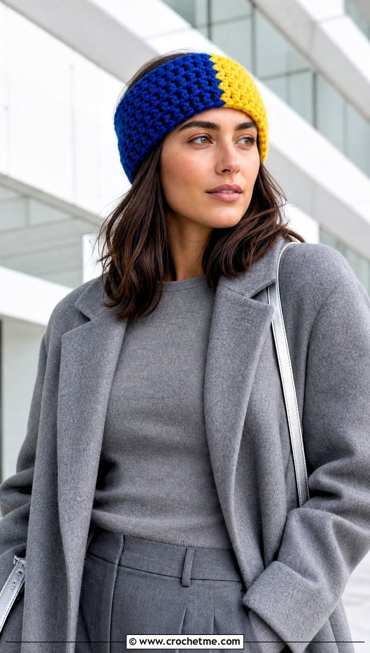 Color Block Chunky Crochet Ear Warmer With Monochrome Outfit - 30 chunky crochet ear warmer outfit ideas