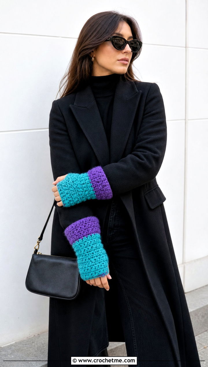 Color Block Chunky Crochet Fingerless Gloves With Monochrome Outfit - 30 chunky yarn crochet fingerless gloves outfit ideas