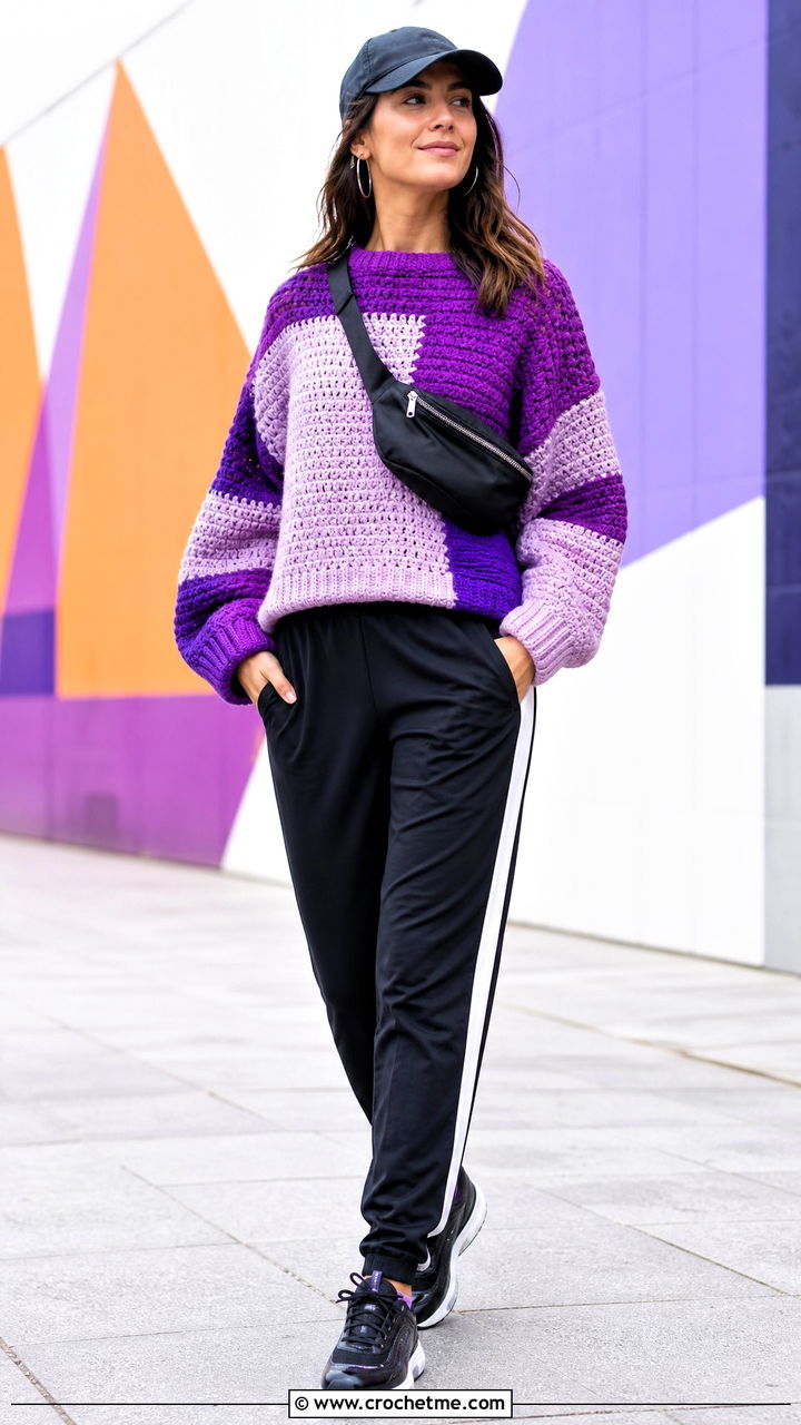 Color Block Chunky Crochet Jumper With Track Pants - 35 chunky crochet jumper outfit ideas