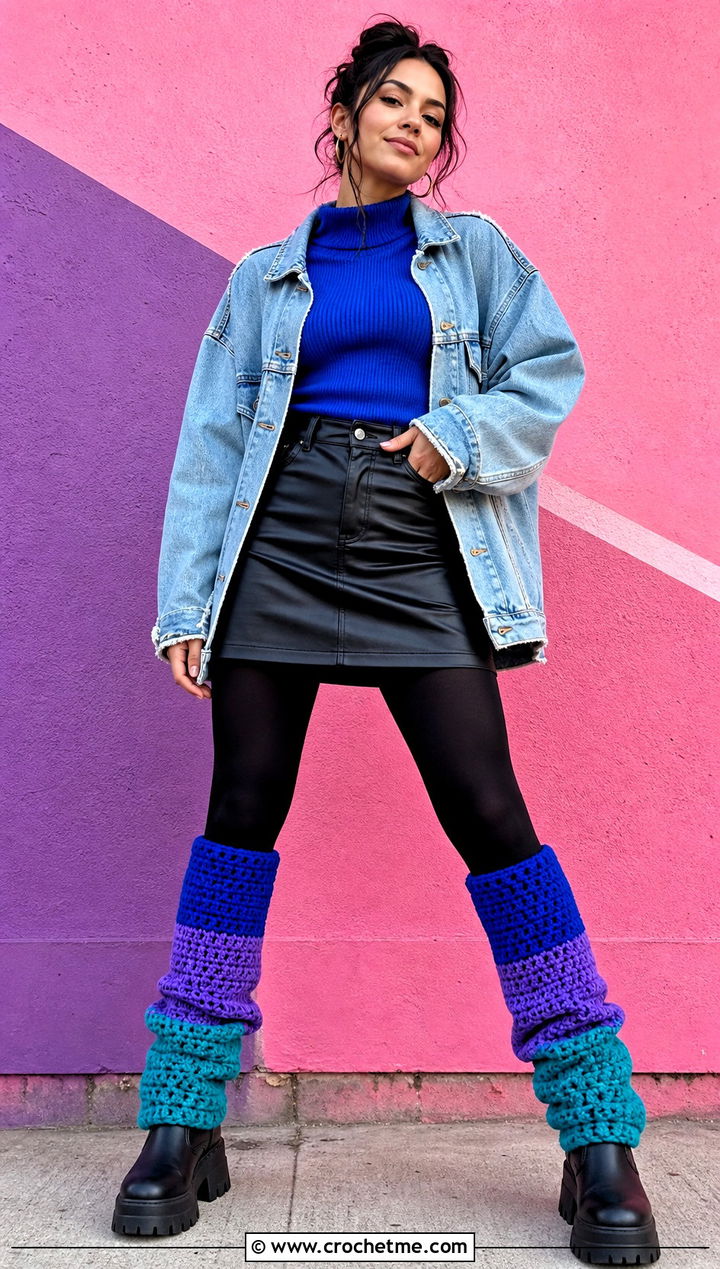 Color Block Chunky Crochet Leg Warmers With Leather Skirt - 25 chunky crochet leg warmers outfit ideas