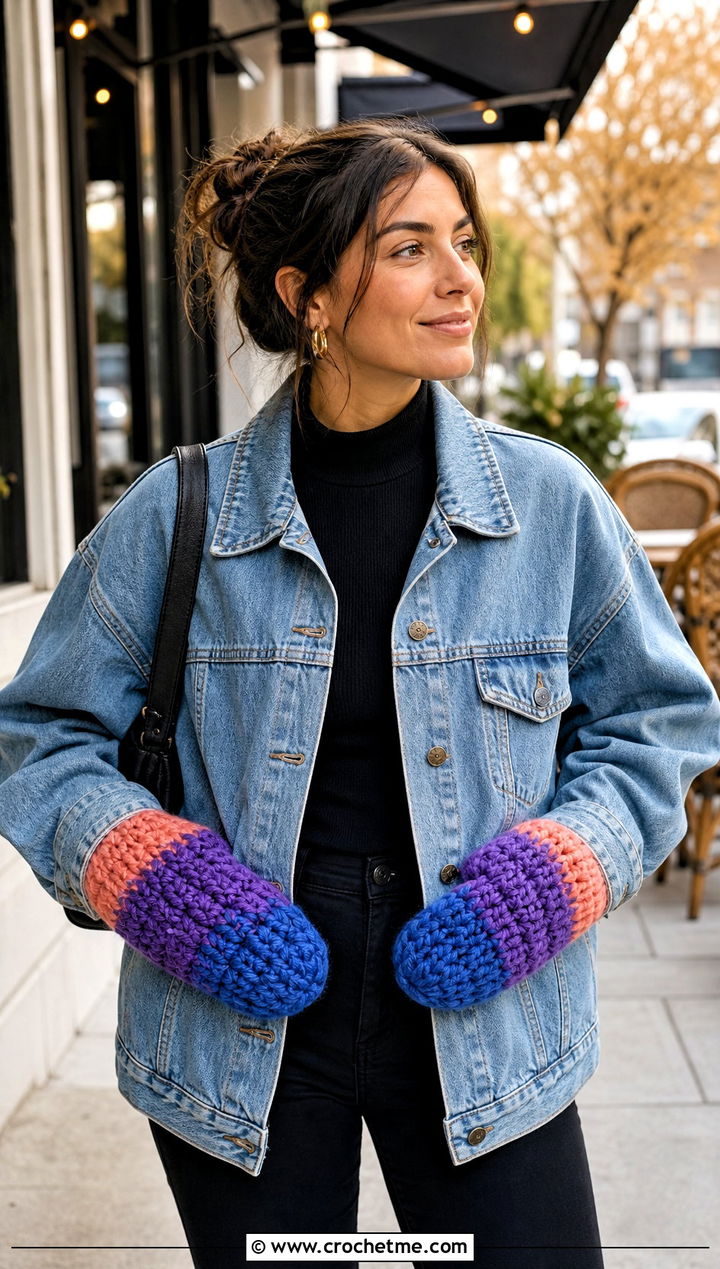 Color Block Chunky Crochet Mittens With Denim Jacket - 20 Chunky Yarn Crochet Mittens outfit ideas