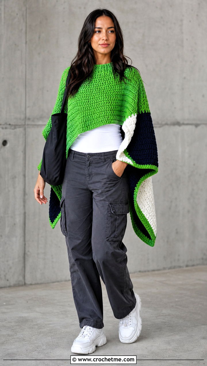 Color Block Chunky Crochet Poncho With Cargo Pants - 25 Chunky Crochet Poncho outfit ideas