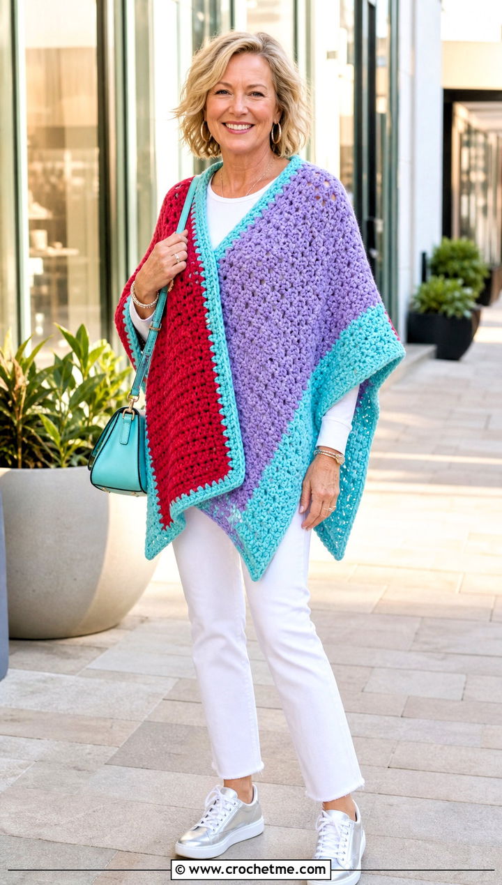 Color Block Chunky Crochet Poncho With White Jeans - 25 Chunky Yarn Crochet Poncho outfit ideas