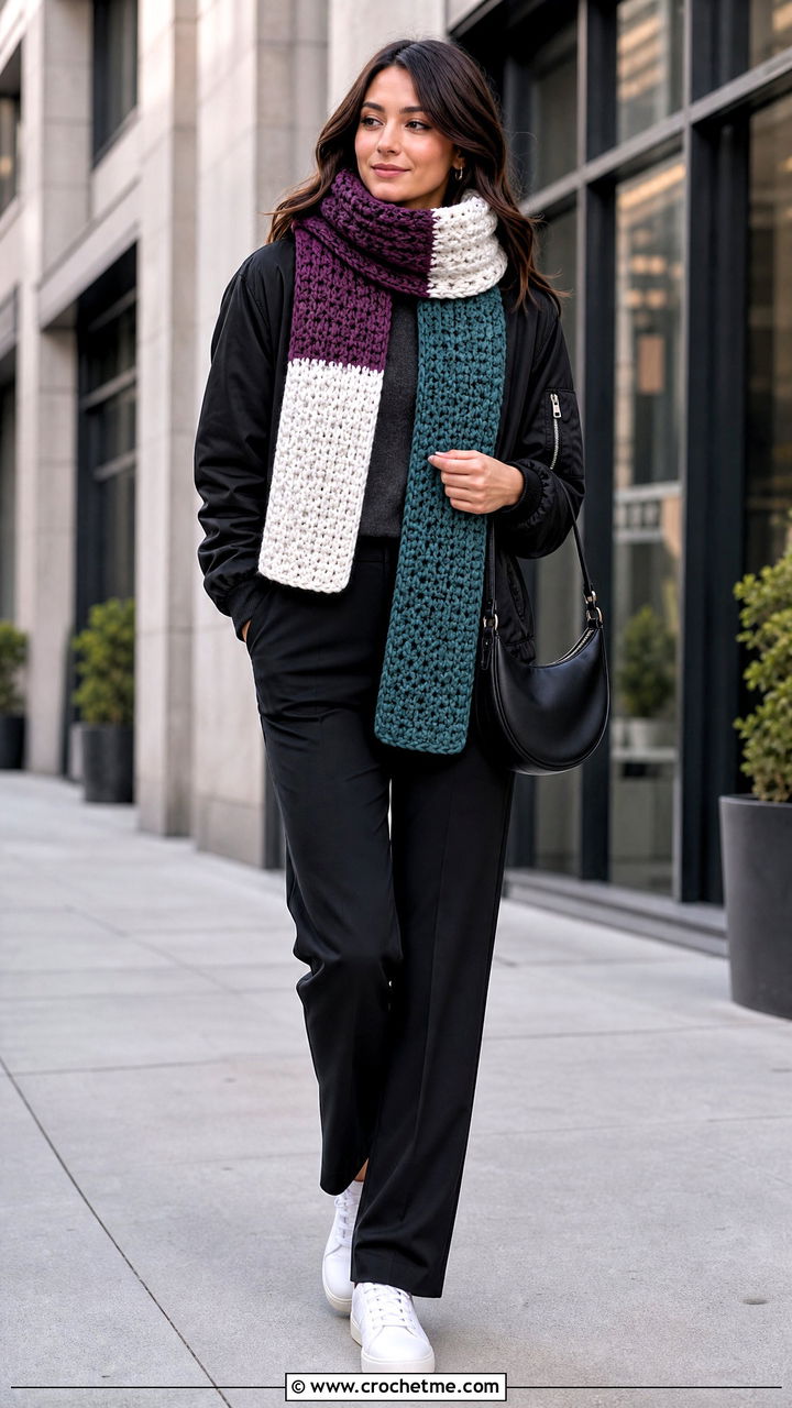 Color Block Chunky Crochet Scarf With Bomber Jacket - 35 chunky crochet scarf outfit ideas