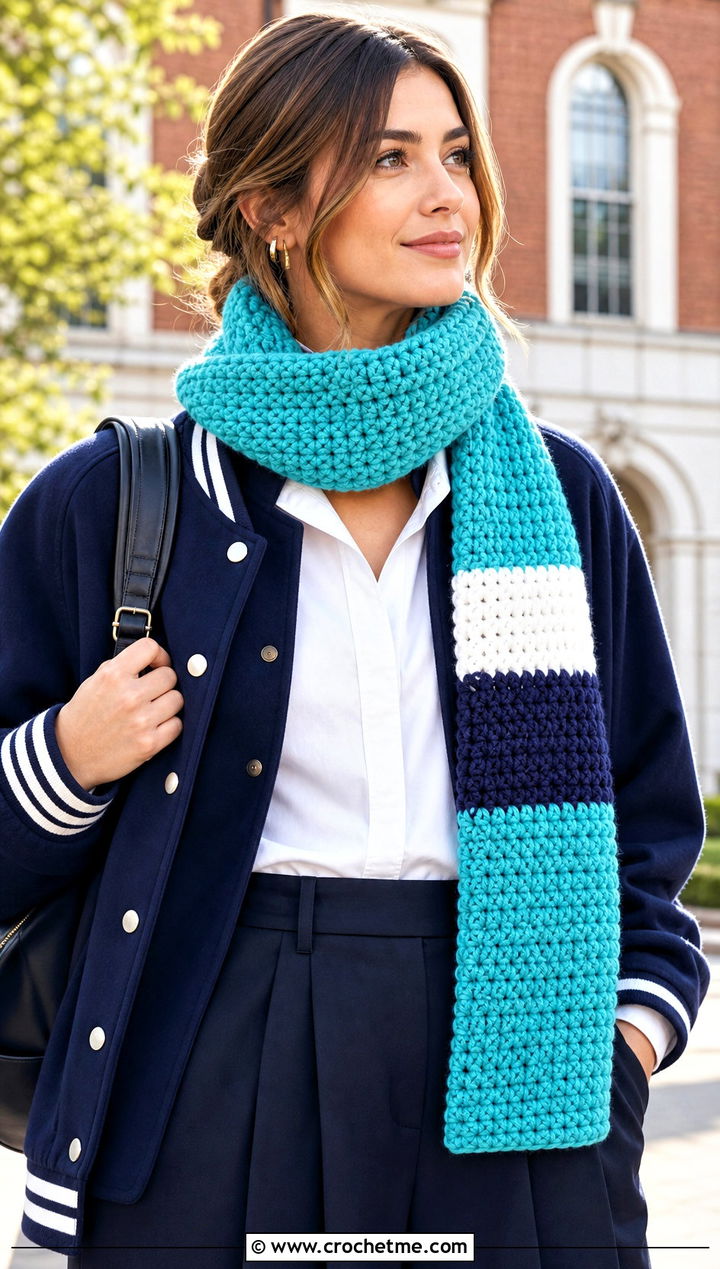 Color Block Chunky Crochet Scarf With Varsity Jacket - 15 Crochet Scarves Chunky Yarn outfit ideas