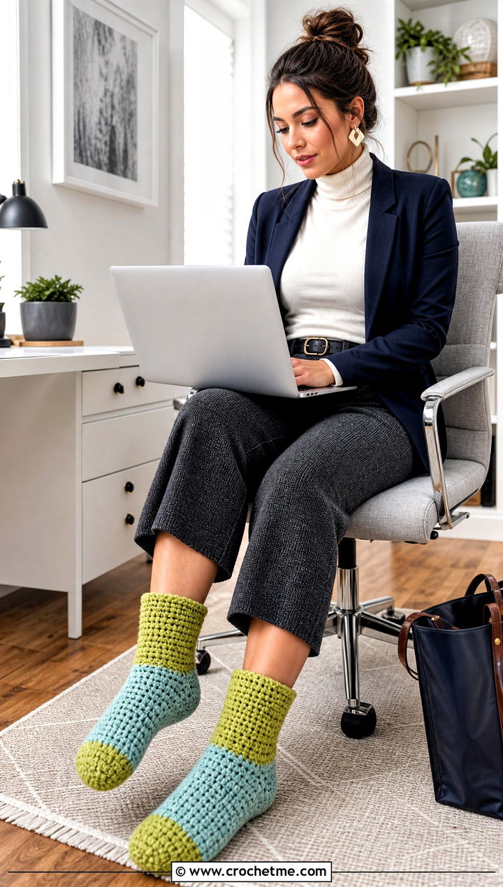 Color Block Chunky Crochet Slipper Socks With Tailored Knit Pants - 15 chunky crochet slipper socks outfit ideas