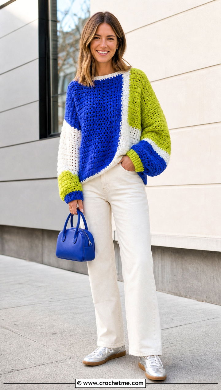 Color Block Chunky Crochet Sweater With Ecru Jeans - 25 Easy Chunky Crochet Sweater outfit ideas