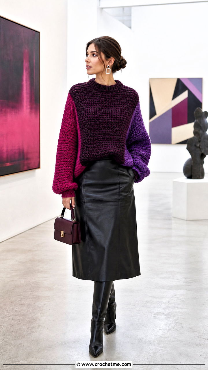 Color Block Chunky Crochet Sweater With Leather Midi Skirt - 35 chunky crochet sweater outfit ideas