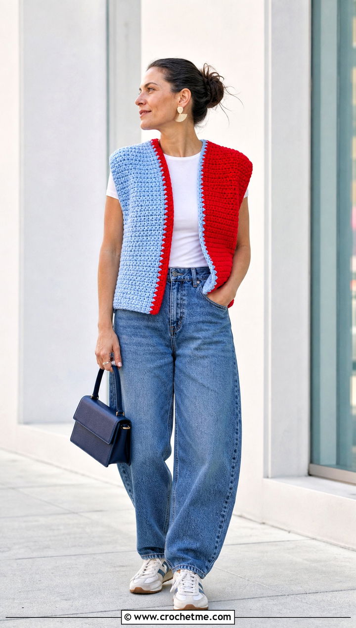 Color Block Chunky Crochet Vest With Barrel Jeans - 25 Chunky Crochet Vest outfit ideas