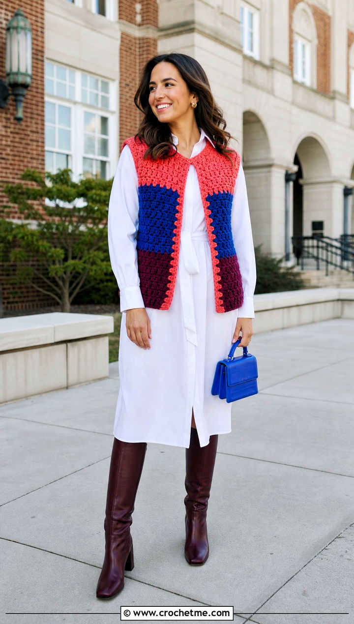 Color Block Chunky Crochet Vest With White Shirt Dress - 20 Chunky Yarn Crochet Vest outfit ideas