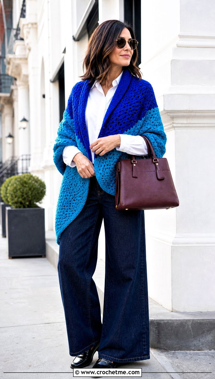 Color Block Chunky Shawl With White Shirt And Jeans - 25 Crochet Chunky Shawl outfit ideas