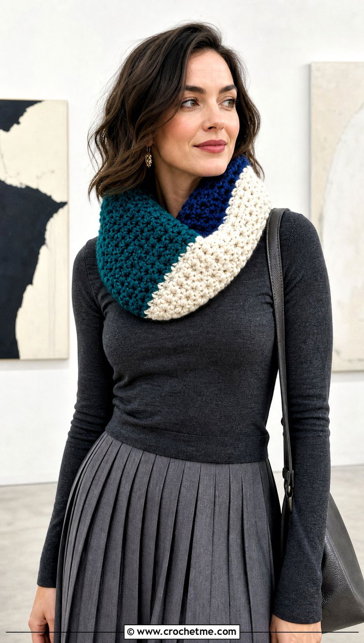 Color Block Chunky Yarn Crochet Cowl With Monochrome Outfit - 25 Chunky Yarn Crochet Cowl outfit ideas