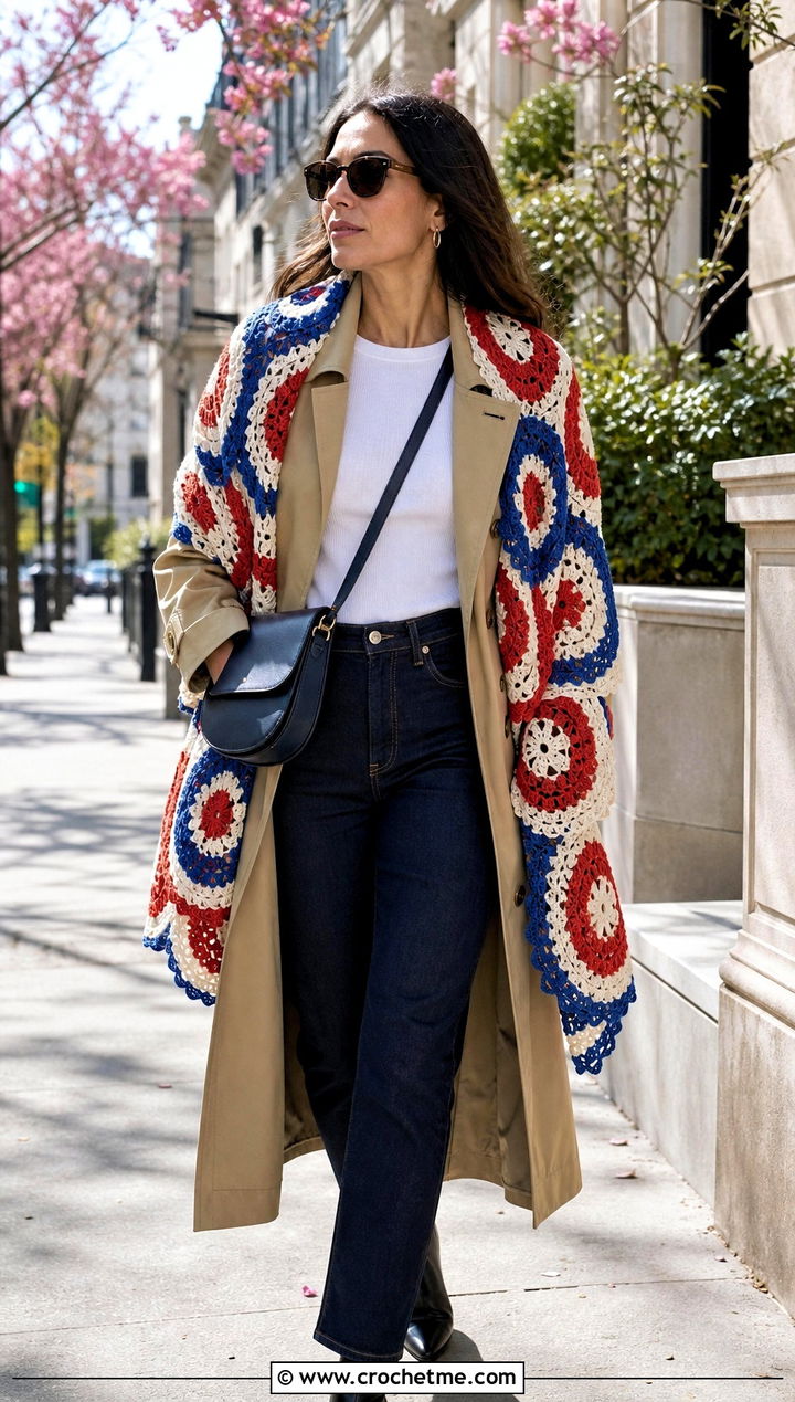 Color Block Circle Crochet Shawl With Trench Coat - 20 Circle Crochet Shawl outfit ideas