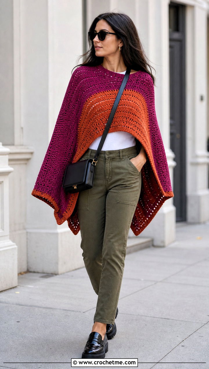 Color Block Circle Poncho With Utility Pants - 25 Crochet Circle Poncho outfit ideas