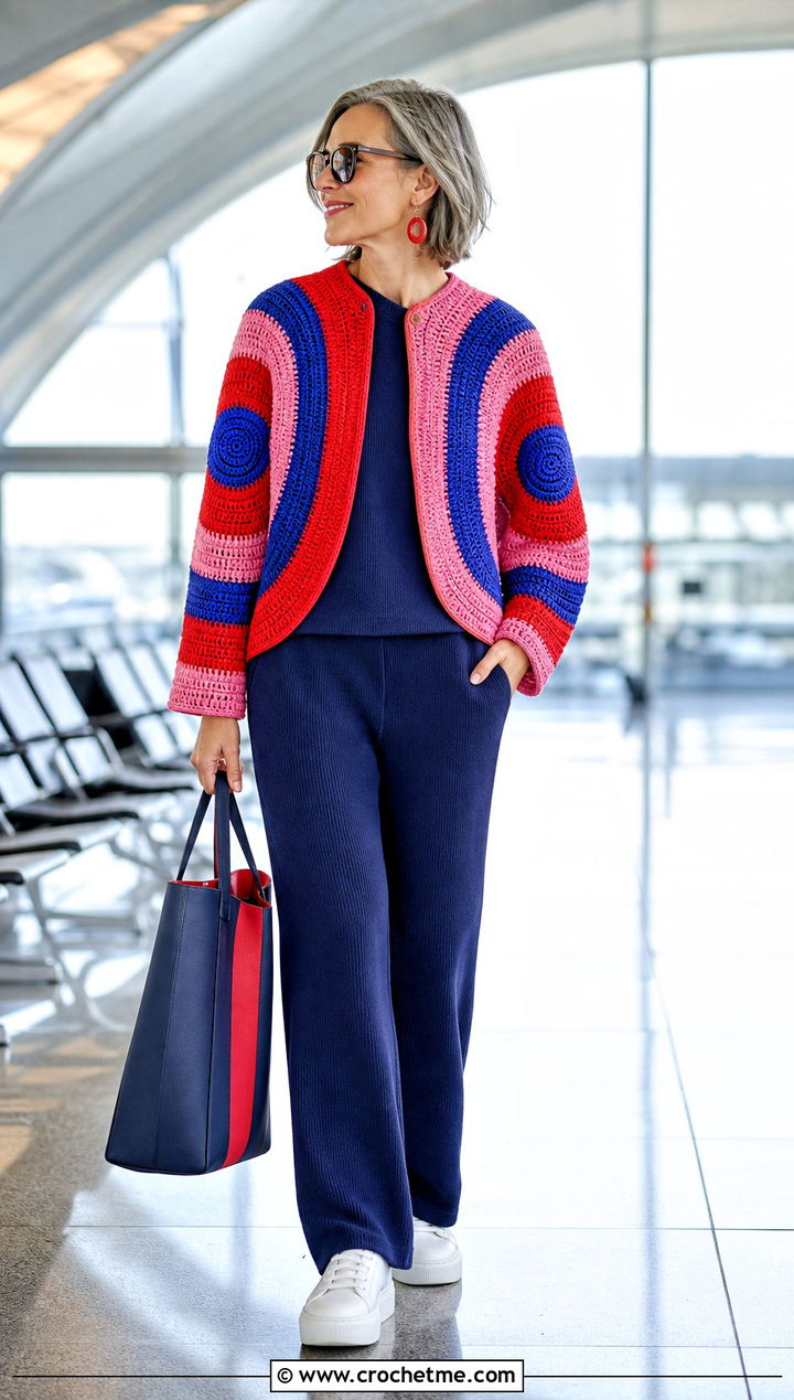 Color Block Circular Jacket With Knit Pants - 15 Crochet Circular Jacket outfit ideas