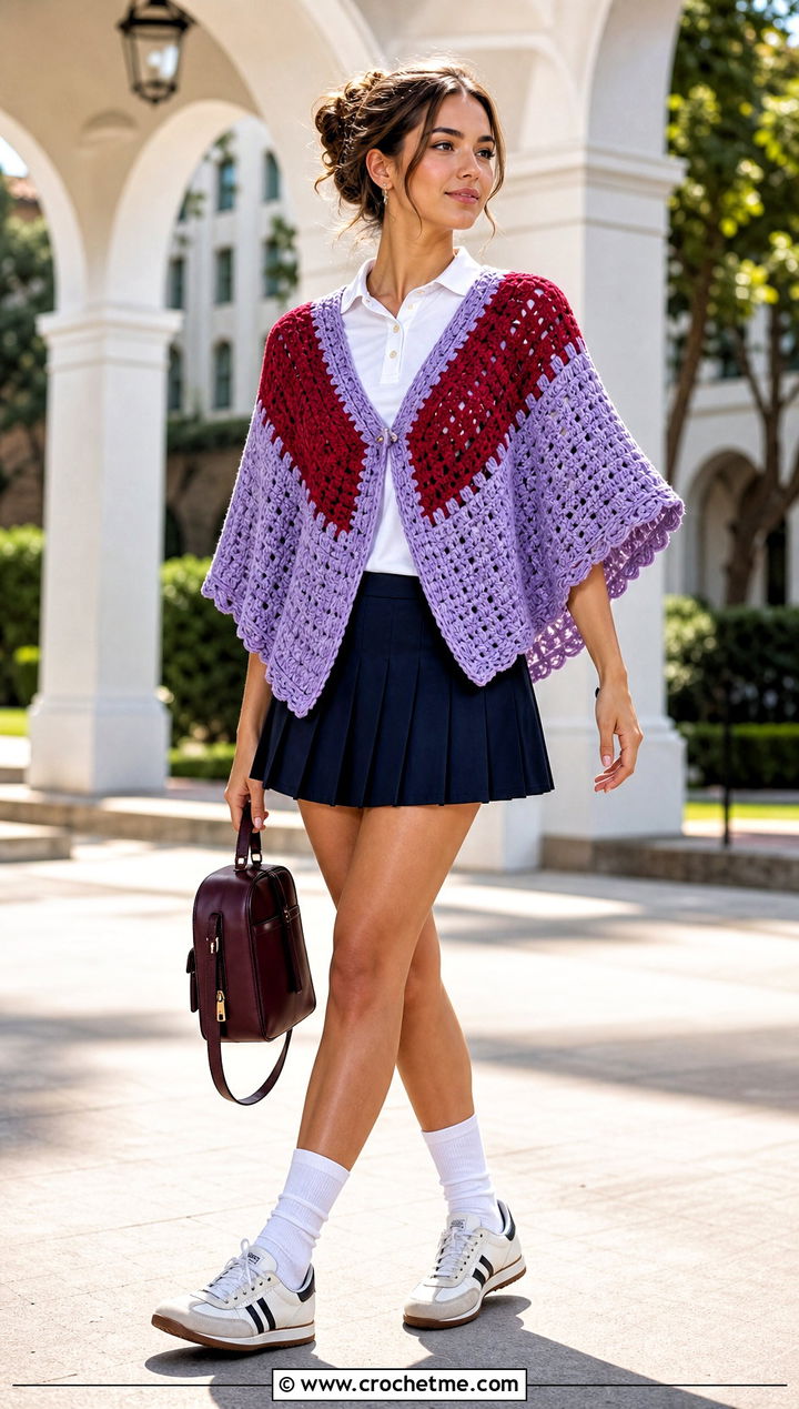 Color Block Circular Poncho With Tennis Skirt - 25 Crochet Circular Poncho outfit ideas