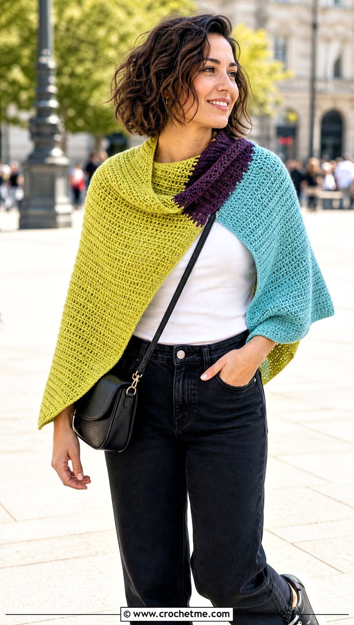Color Block Circular Shawl With a White Tee And Black Jeans - 30 crochet circular shawl outfit ideas