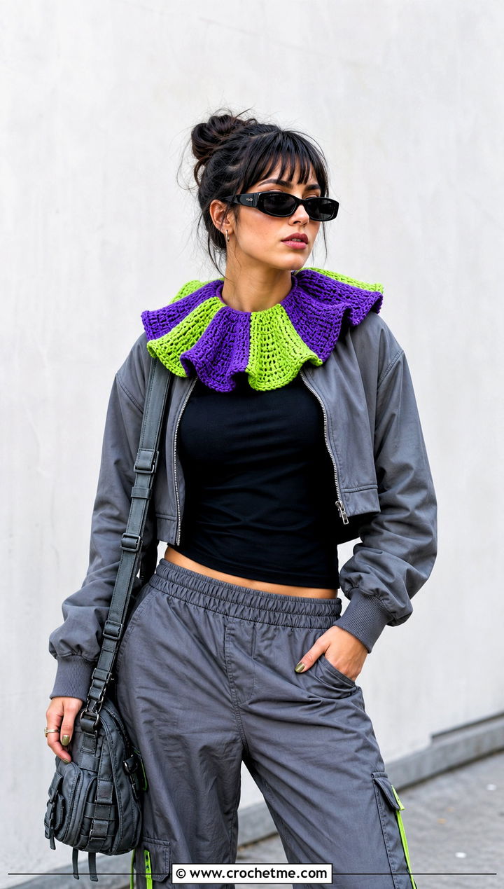 Color Block Clown Crochet Ruffle Collar With Bomber Jacket - 25 Clown Crochet Ruffle Collar outfit ideas