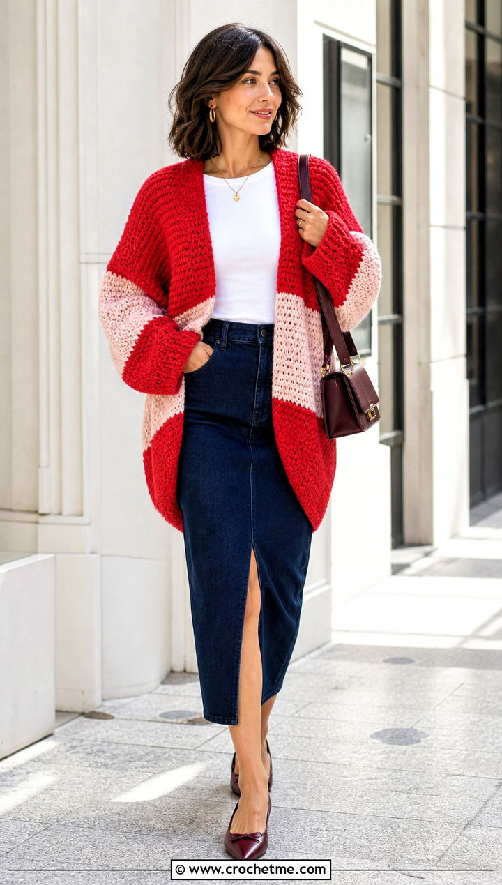 Color Block Cocoon Blanket Sweater With Denim Midi Skirt - 30 crochet blanket sweater outfit ideas