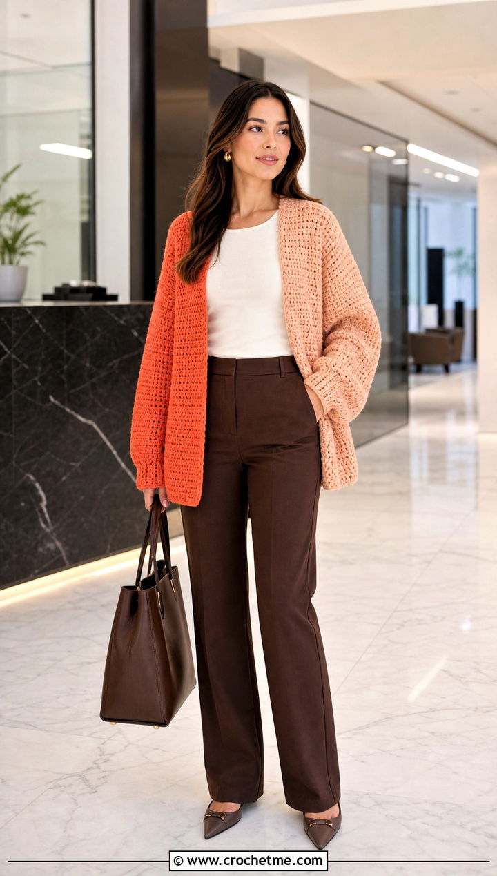 Color Block Cocoon Crochet Cardigan With Tailored Trousers - 25 Cocoon Crochet Cardigan outfit ideas