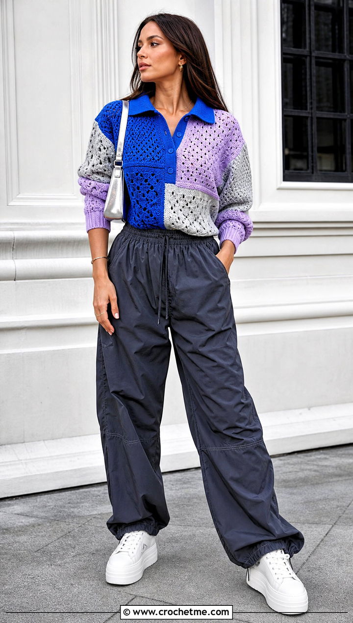 Color Block Collared Crochet Sweater With Parachute Pants - 20 Crochet Collared Sweater outfit ideas