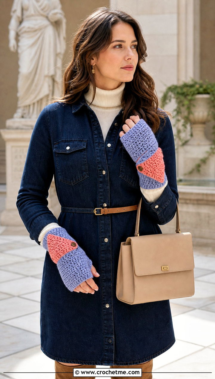 Color Block Convertible Crochet Fingerless Mittens With Denim Dress - 20 Convertible Crochet Fingerless Mittens outfit ideas