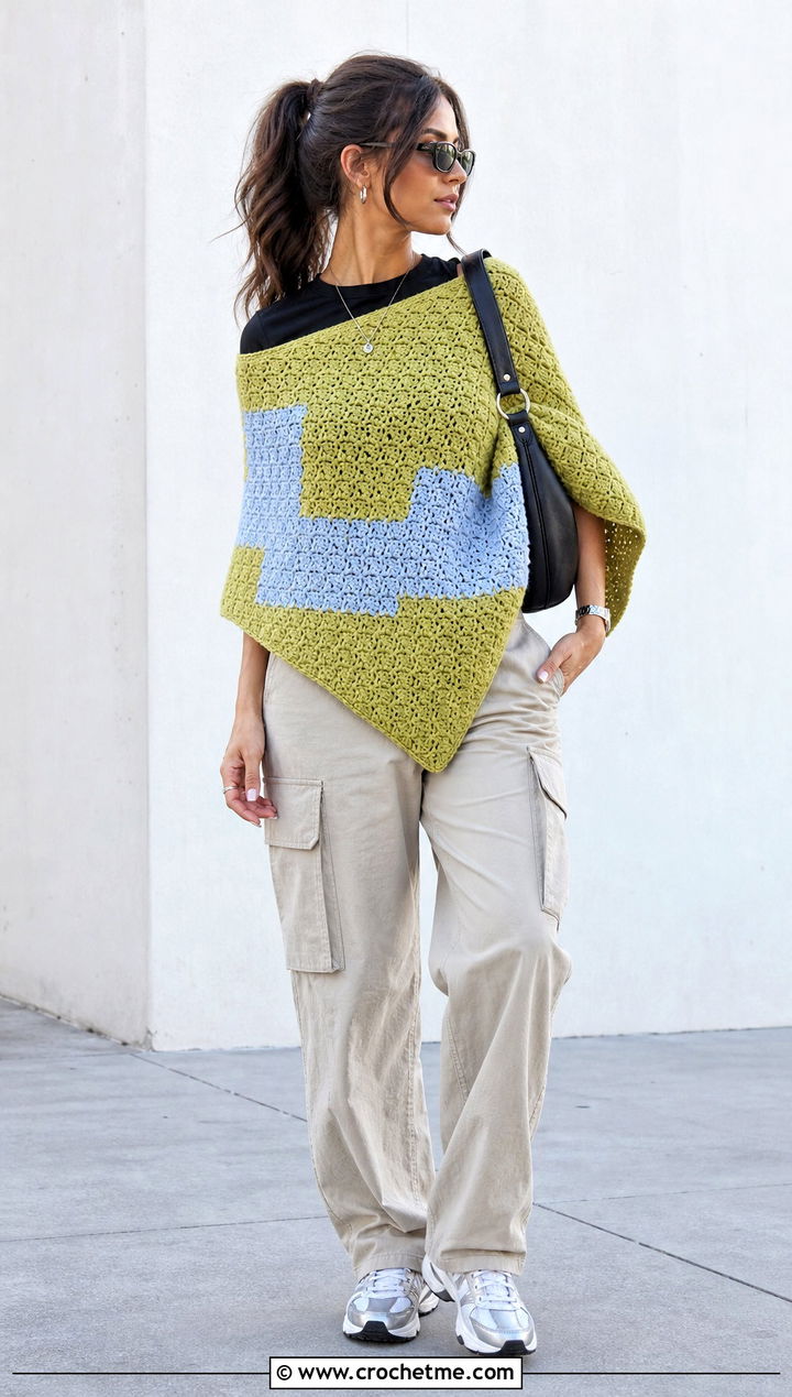Color Block Corner To Corner Crochet Poncho With Cargo Pants - 15 Corner To Corner Crochet Poncho outfit ideas