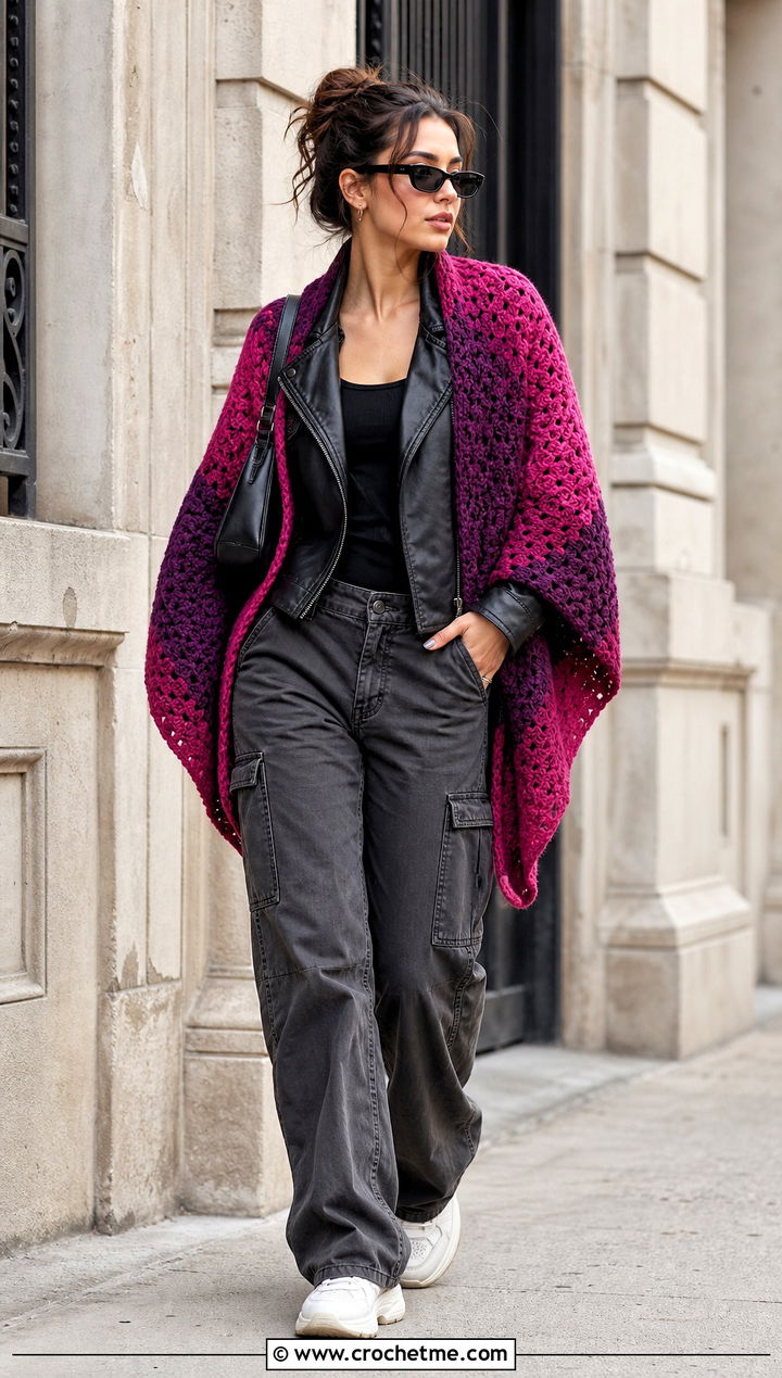 Color Block Corner To Corner Crochet Shawl With Black Leather Jacket - 15 Corner To Corner Crochet Shawl outfit ideas