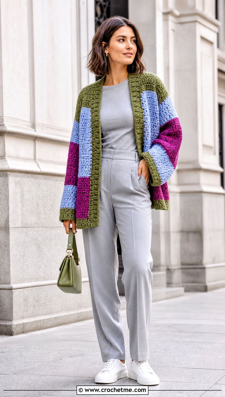 Color Block Couch Crochet Cardigan With A Monochrome Outfit - 15 Couch Crochet Cardigan outfit ideas