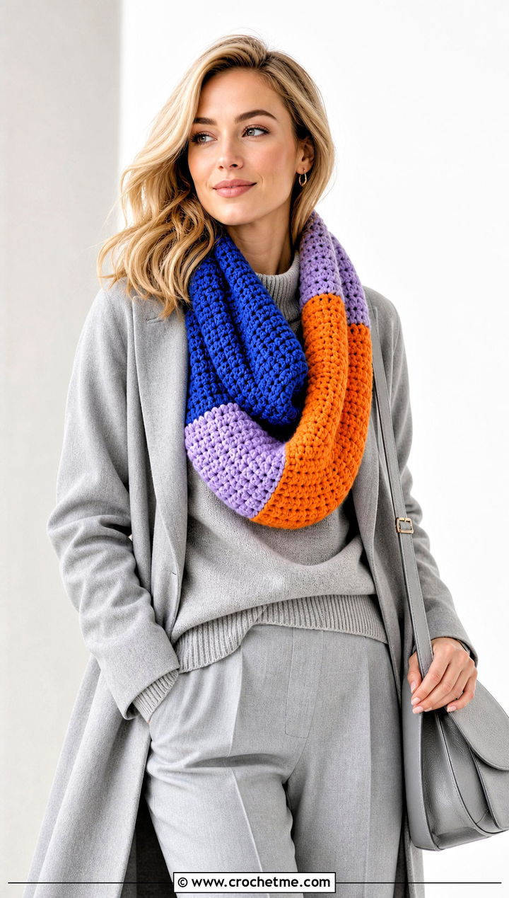 Color Block Cowl Neck Crochet Scarf With Monochrome Outfit - 25 Cowl Neck Crochet Scarf outfit ideas