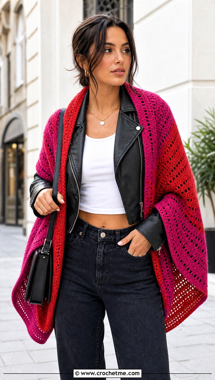 Color Block Crescent Crochet Shawl With Leather Jacket - 25 Crescent Crochet Shawl outfit ideas