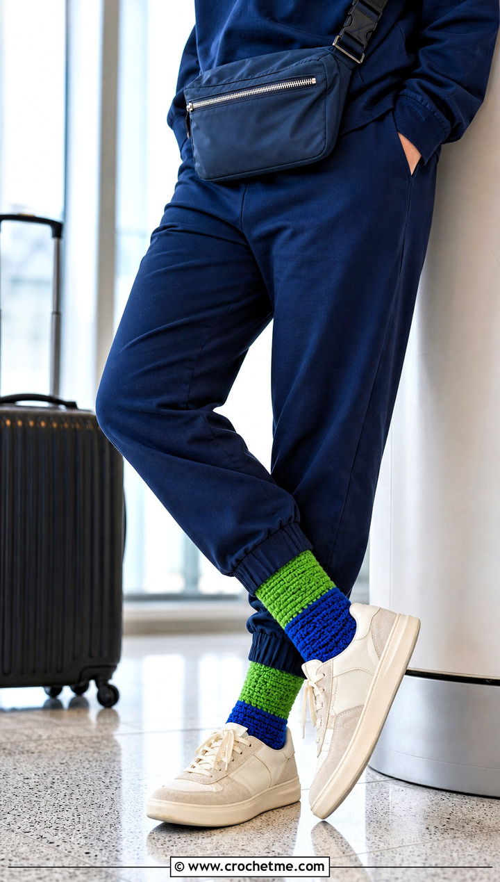 Color Block Crew Crochet Wool Socks With Tracksuit - 30 Crochet Wool Socks outfit ideas