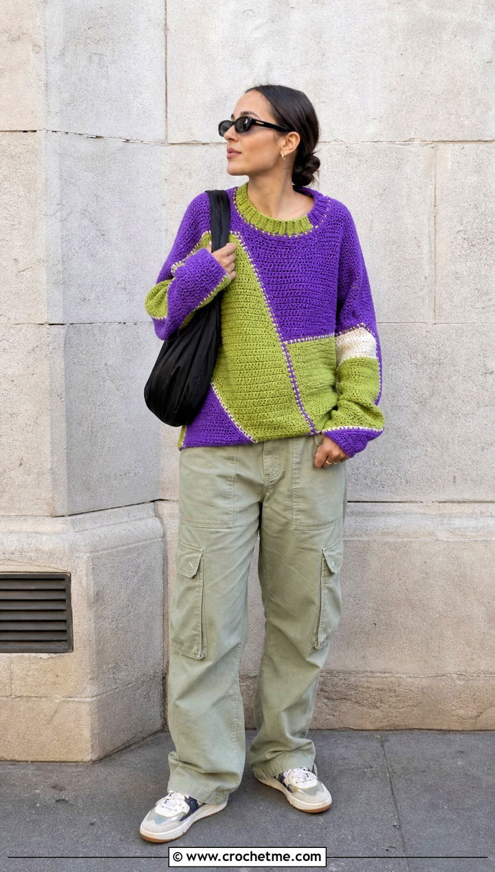 Color Block Crewneck Patchwork Sweater With Cargo Pants - 30 crochet patchwork sweater outfit ideas
