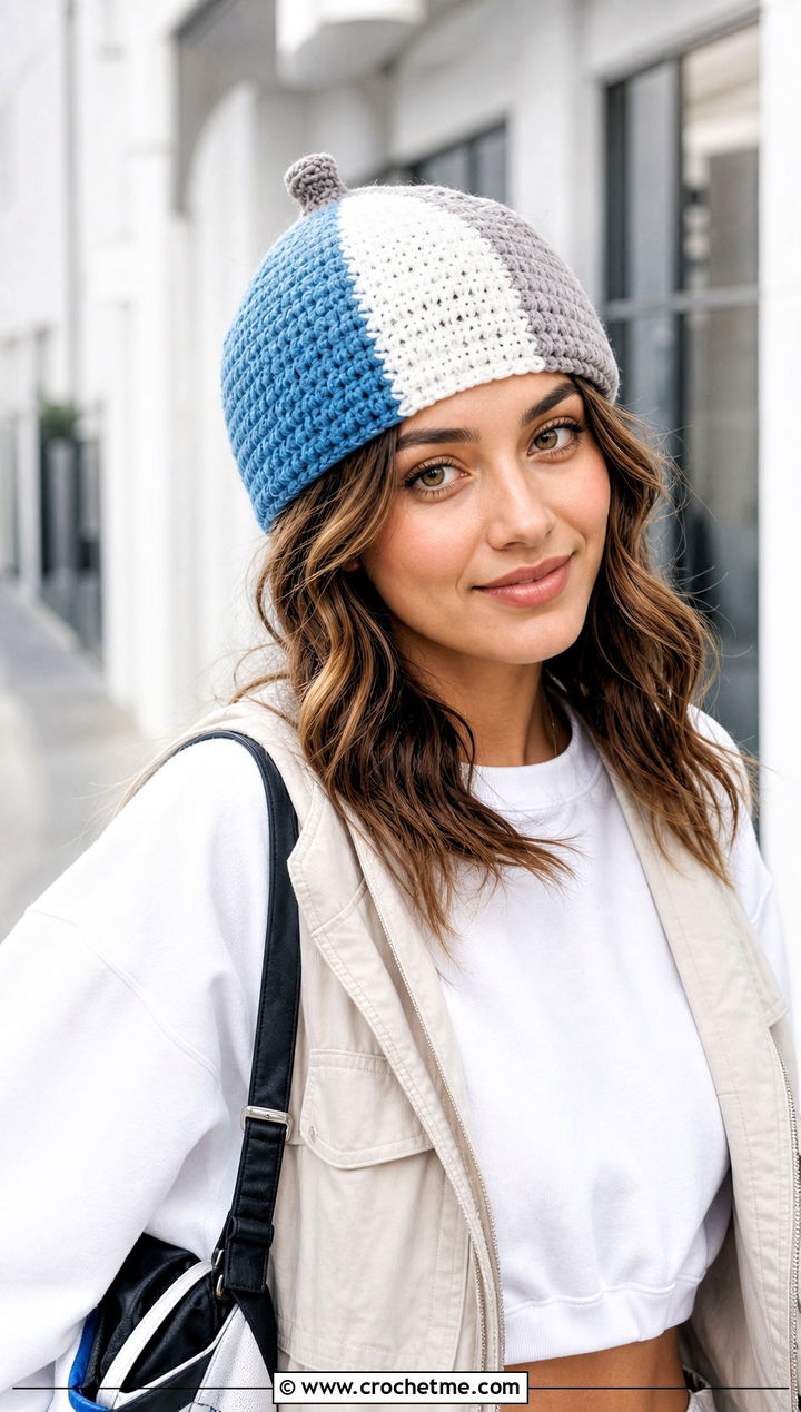 Color Block Crochet Acorn Hat With Cargo Pants - 30 crochet acorn hat outfit ideas