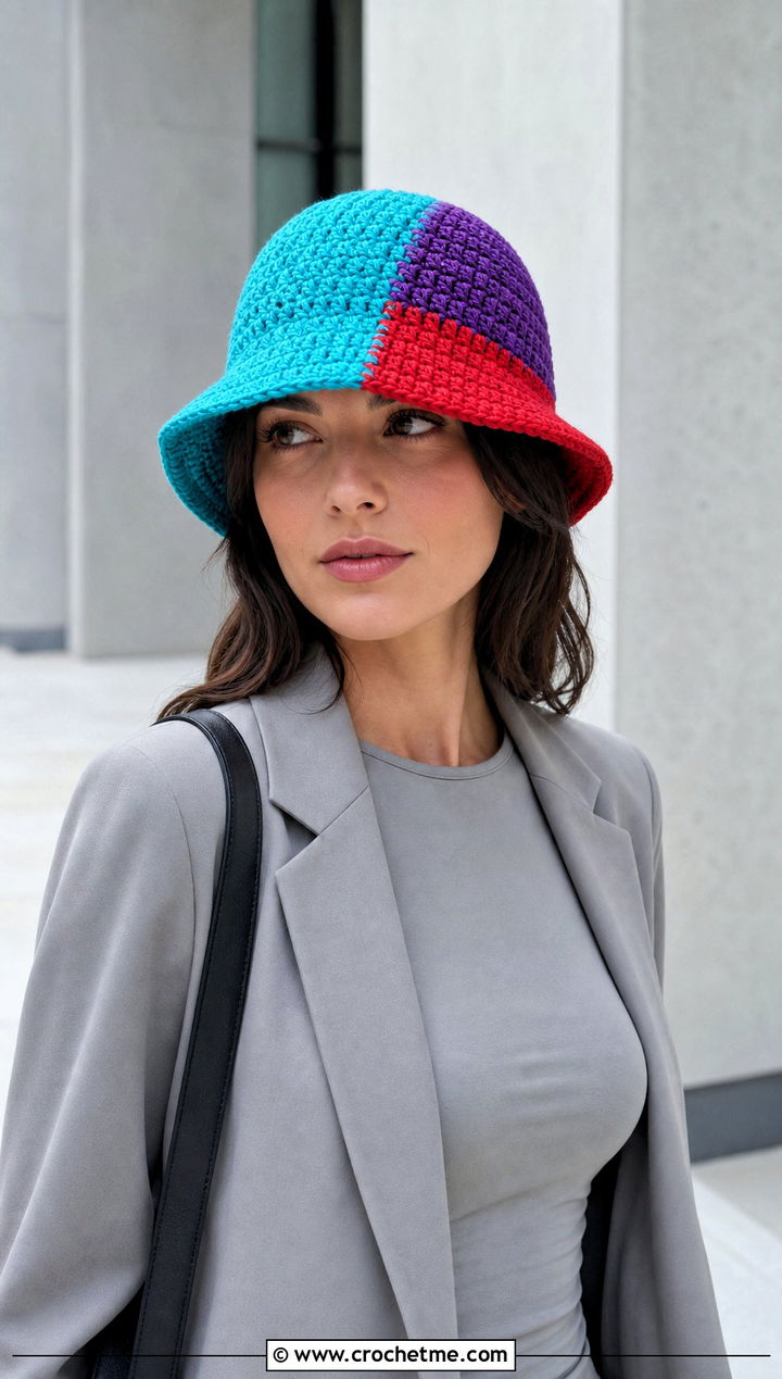 Color Block Crochet Adult Bucket Hat With Monochrome Outfit - 25 crochet adult bucket hat outfit ideas