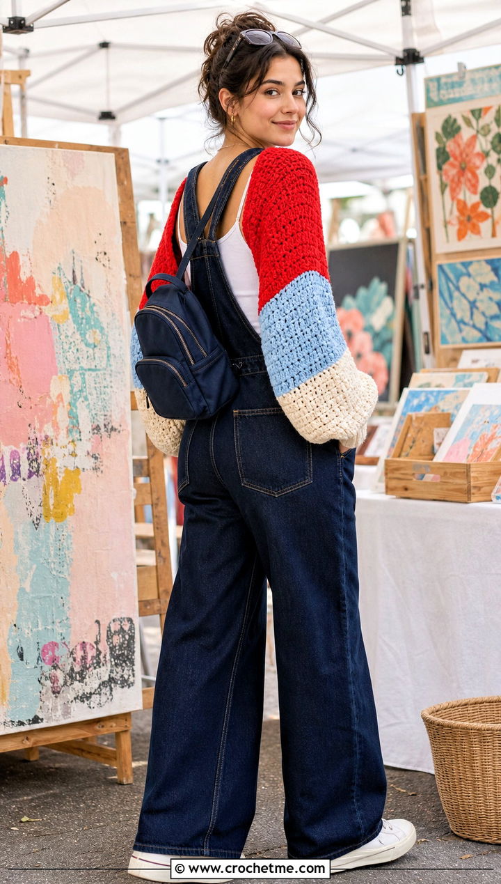 Color Block Crochet Arm Shrug With Denim Overalls - 25 Crochet Arm Shrug outfit ideas