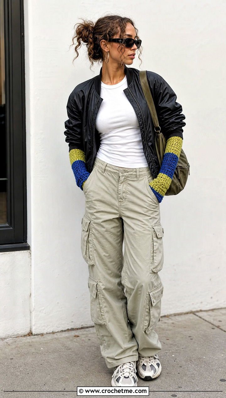 Color Block Crochet Arm Warmers With Bomber Jacket - 30 easy crochet hand warmers outfit ideas