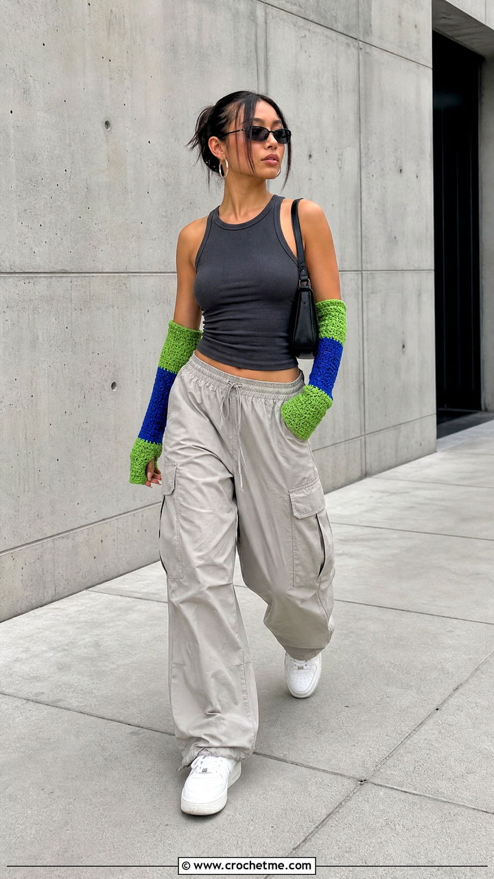 Color Block Crochet Arm Warmers With Cargo Pants - 35 crochet arm warmers outfit ideas