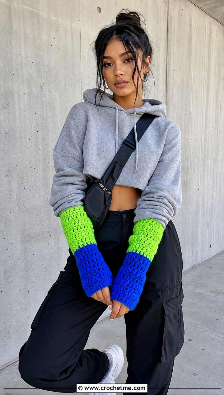 Color Block Crochet Arm Warmers With Hoodie And Cargo Pants - 25 Easy Crochet Arm Warmers outfit ideas