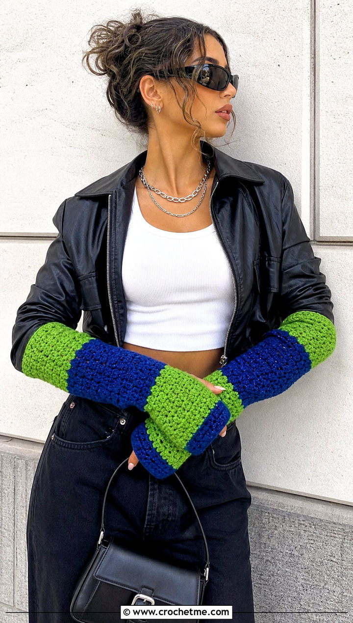 Color Block Crochet Arm Warmers With Leather Jacket - 25 Crochet Arm Warmers Aesthetic outfit ideas