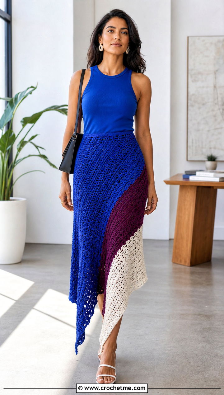 Color Block Crochet Asymmetrical Skirt With Monochrome Top - 30 Crochet Asymmetrical Skirt outfit ideas