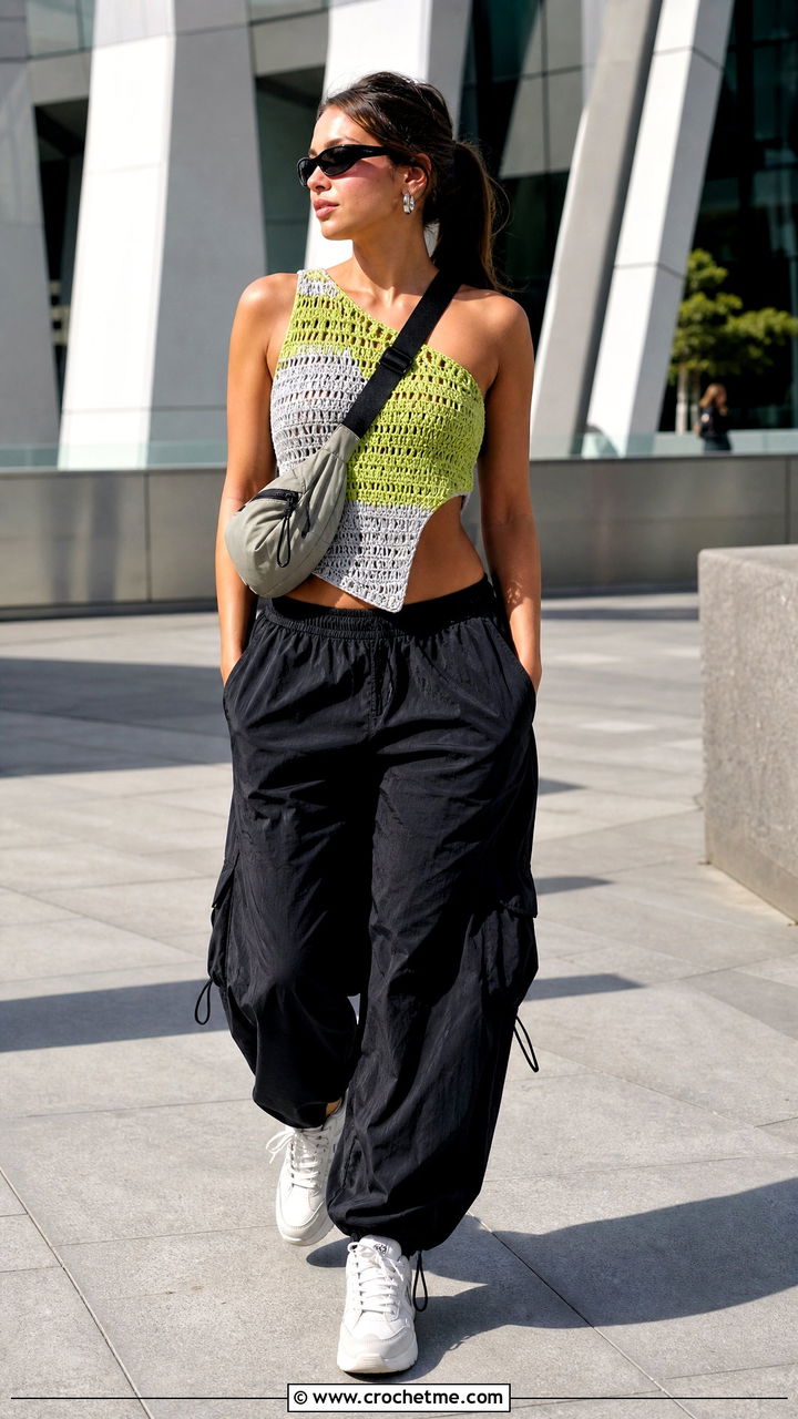 Color Block Crochet Asymmetrical Top With Parachute Pants - 35 crochet asymmetrical top outfit ideas
