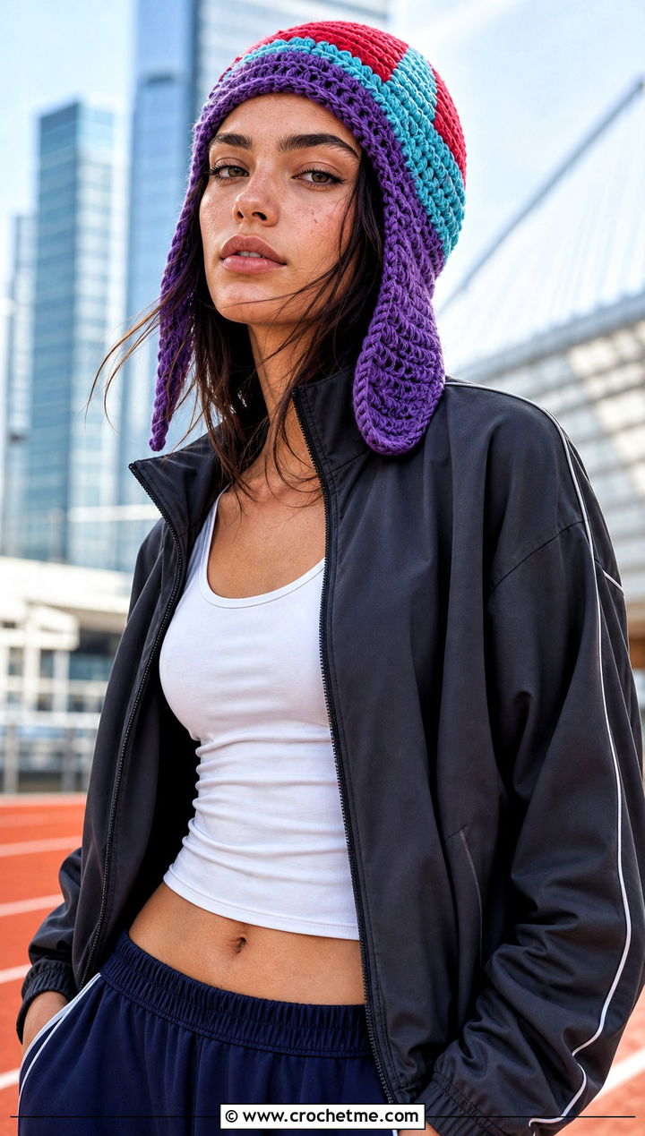 Color Block Crochet Aviator Hat With Track Jacket - 30 crochet aviator hat outfit ideas